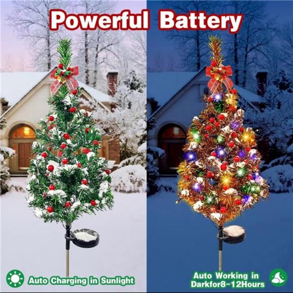 2PCS Solar Christmas Tree Lights Decor Outdoor, Xmas Tree Solar Powered - Picture 3 of 7